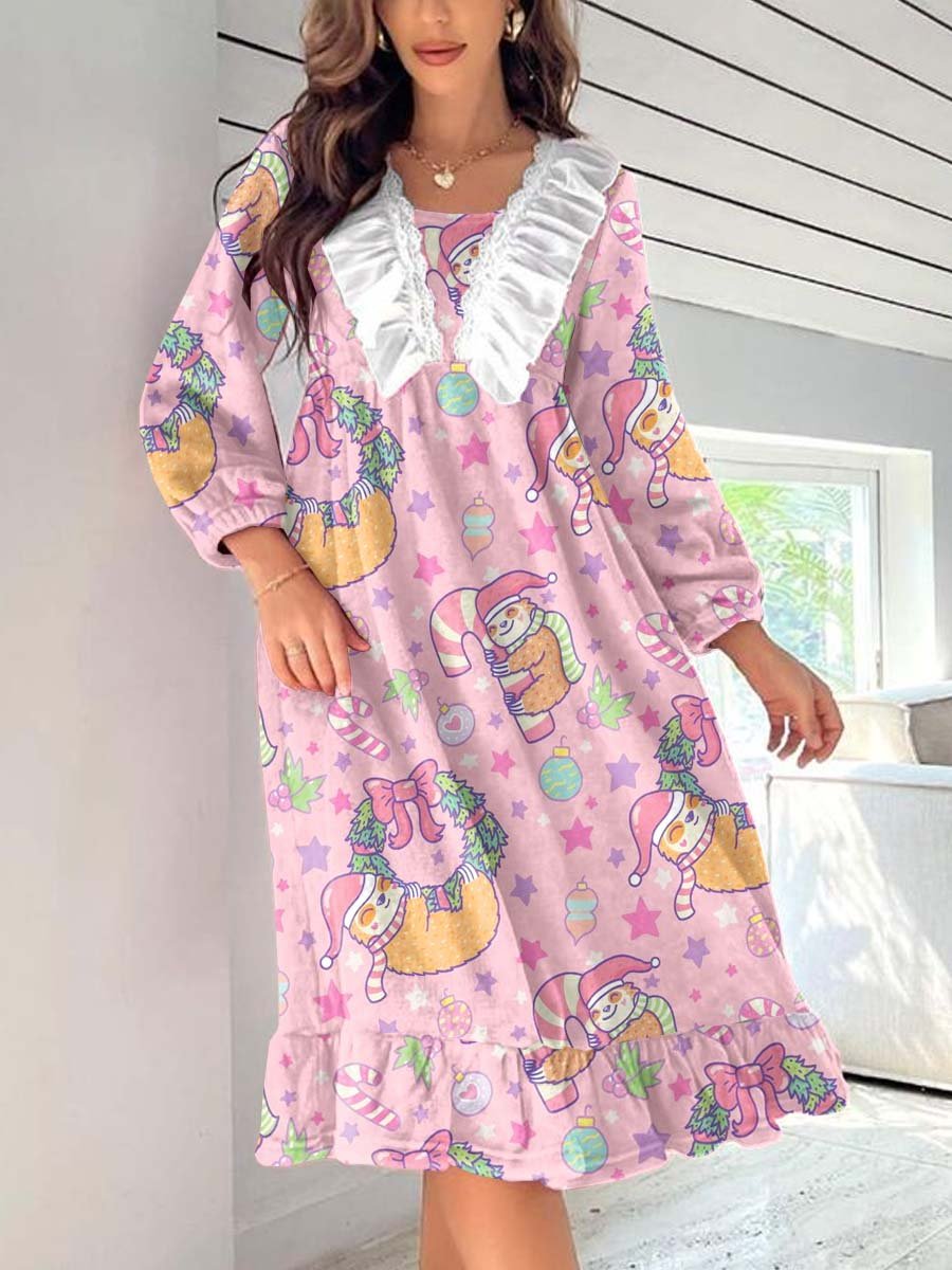 Women's Cute Sloth Printed Ruffles Homewear Dress