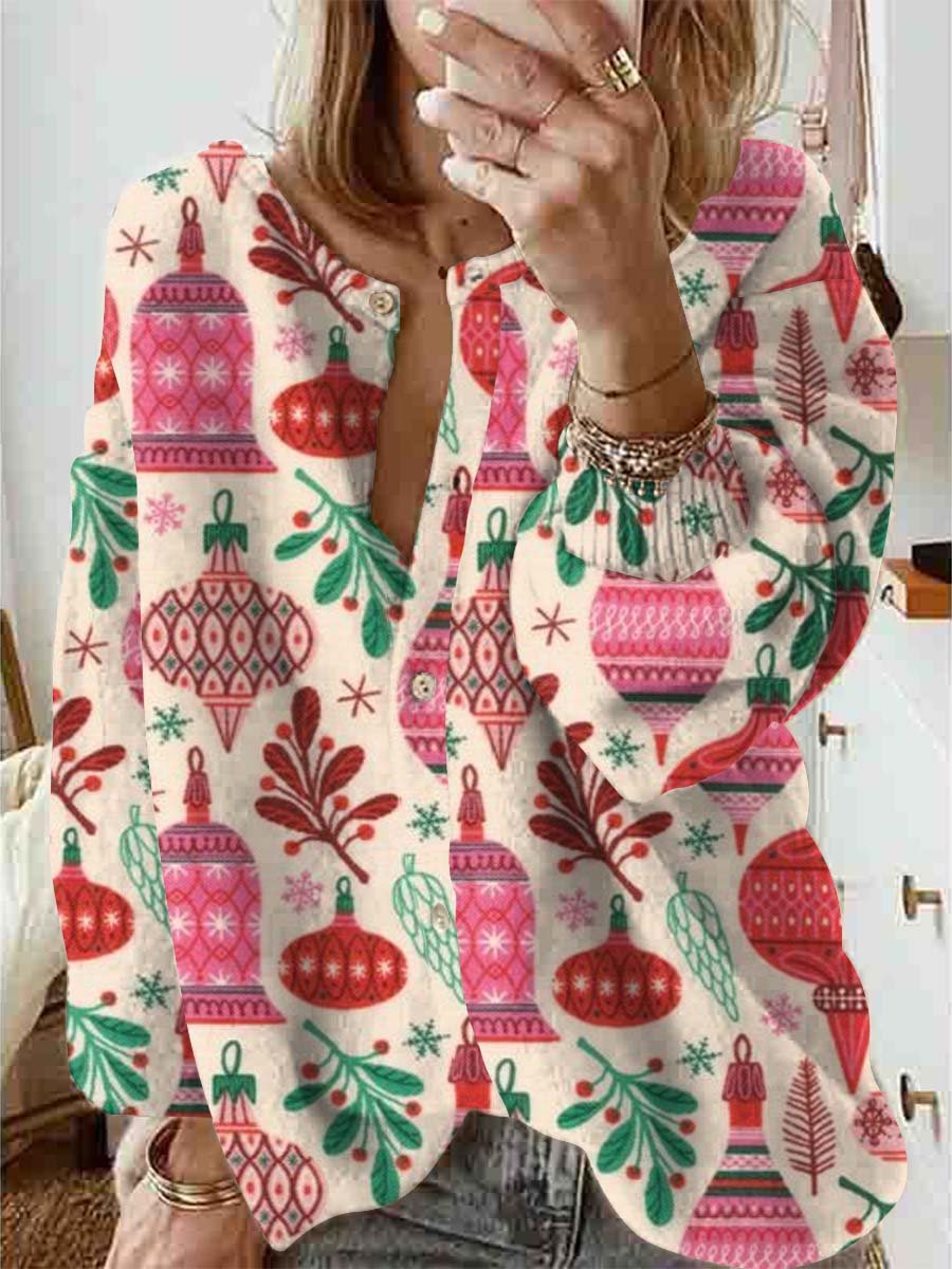 Women Christmas Geometric Decorative Illustration Printed Cardigan Sweater