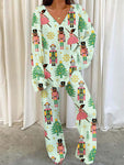 Women's Christmas Nutcracker Pattern Print V-Neck Loungewear Set