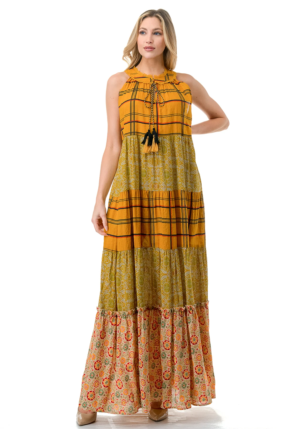 Mustard Twin Printed Sleeveless Maxi Dress