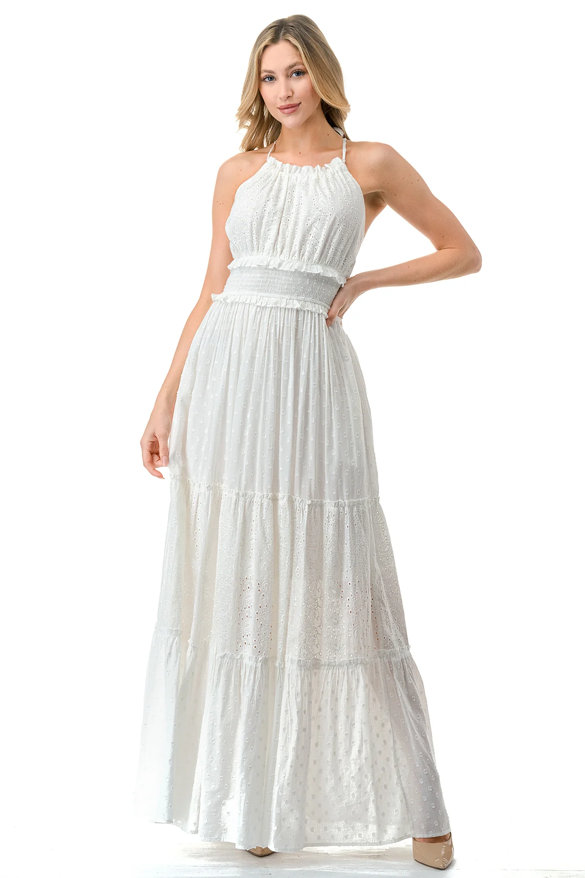 Ivory Eyelet Textured Smocked Halter Dress
