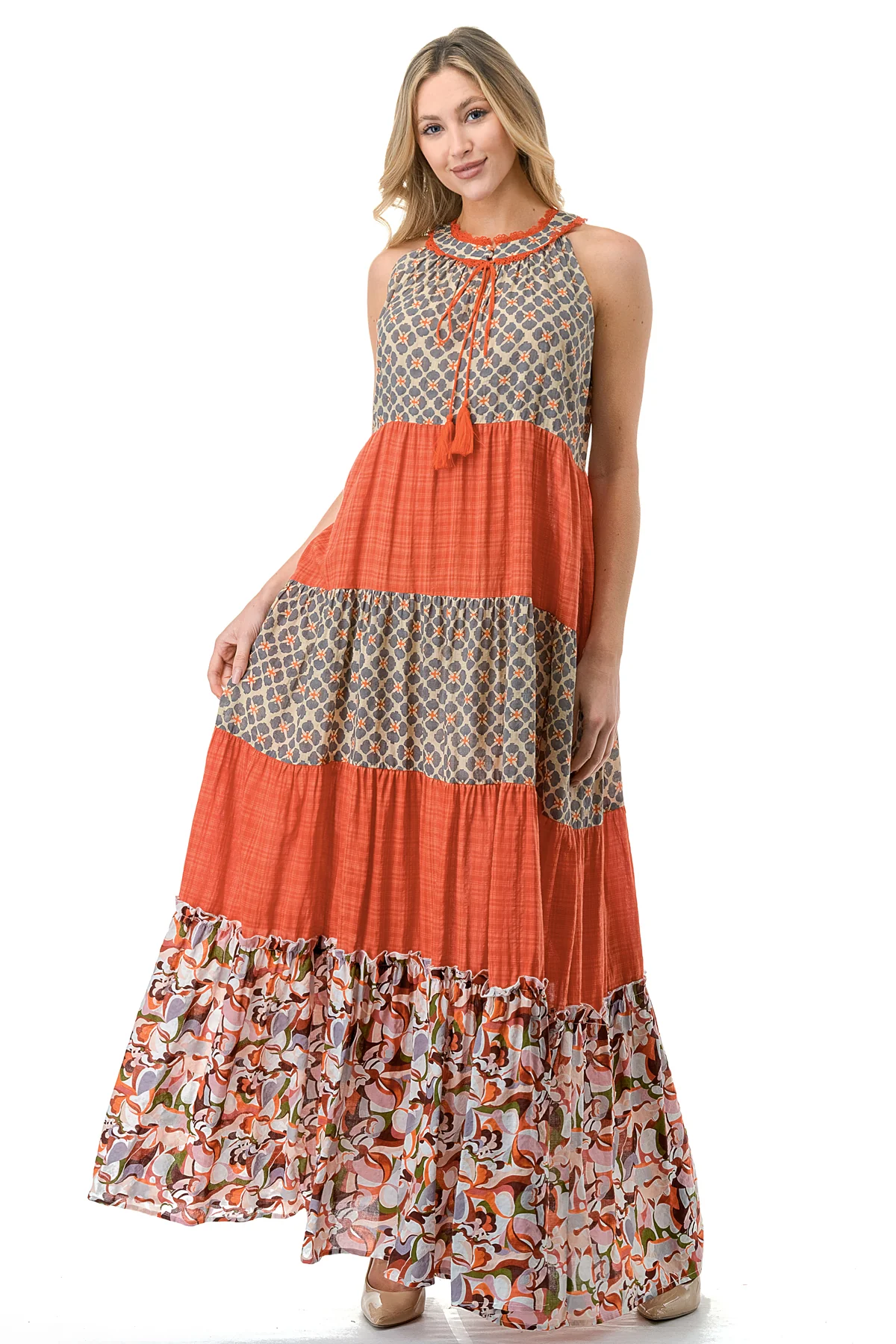 Rust Twin Printed Sleeveless Maxi Dress