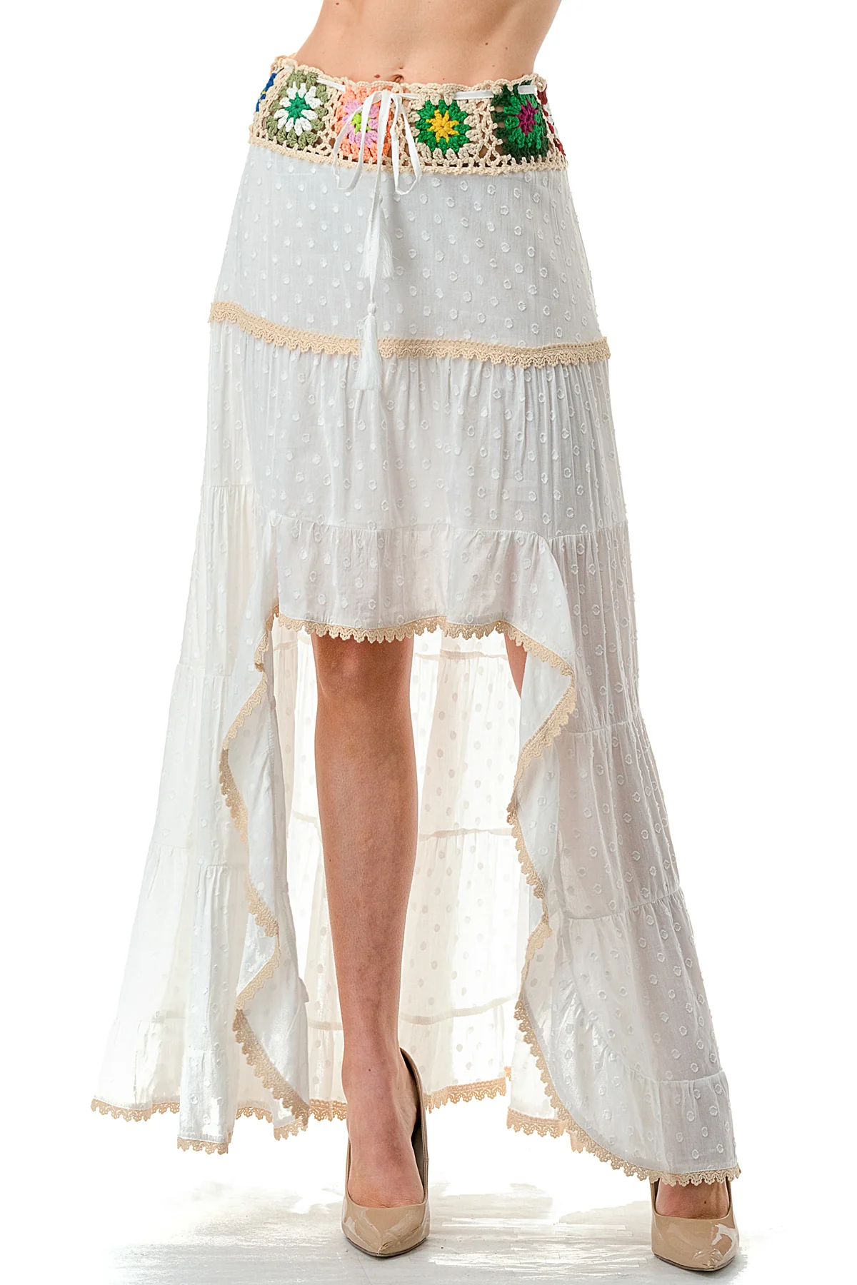 Ivory/Beige Trim Textured High Low Skirt